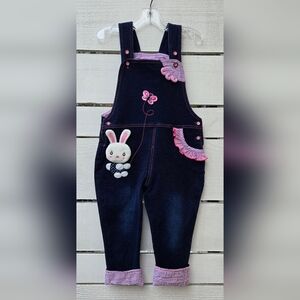 Boutique Girls Overalls Stretch Denim Bunny Spring Embroidered Butterfly 4-5 110